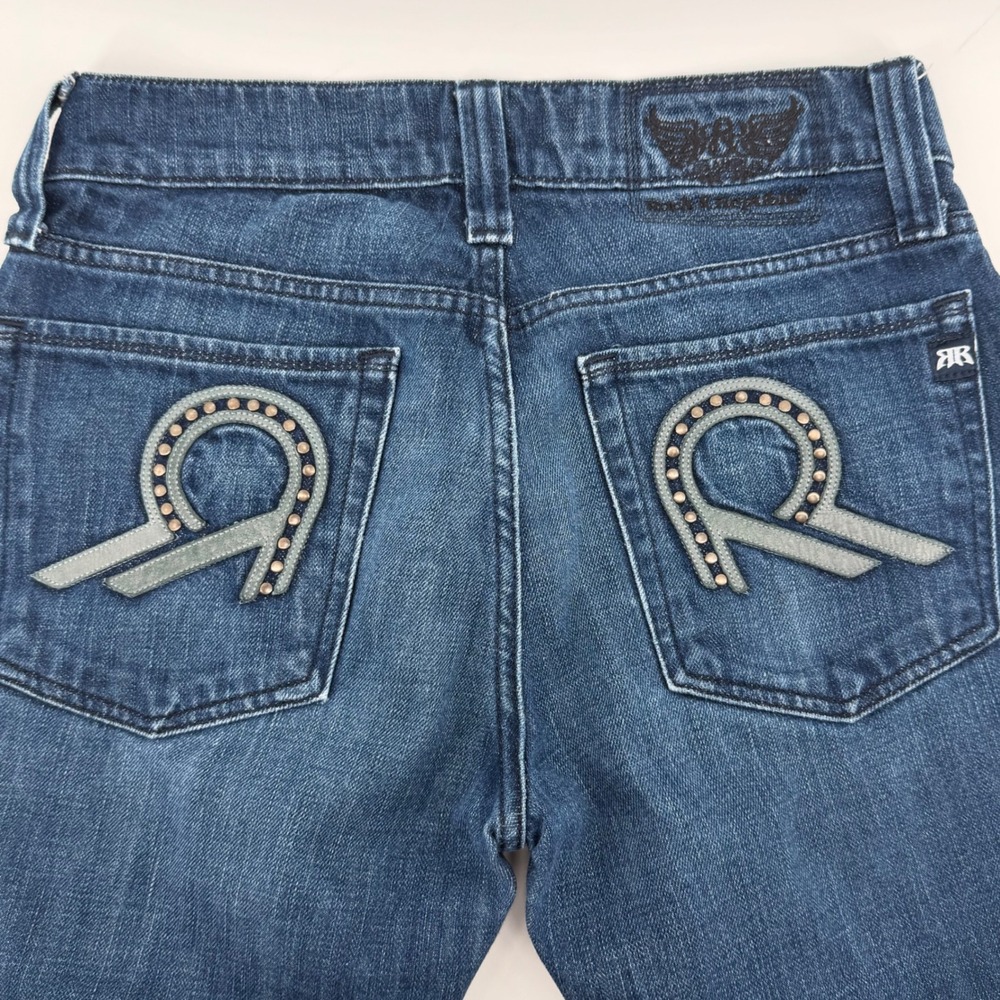 Rock & Republic Mens 30 Button Fly Straight Leg Dark Wash Studded Logo Jeans